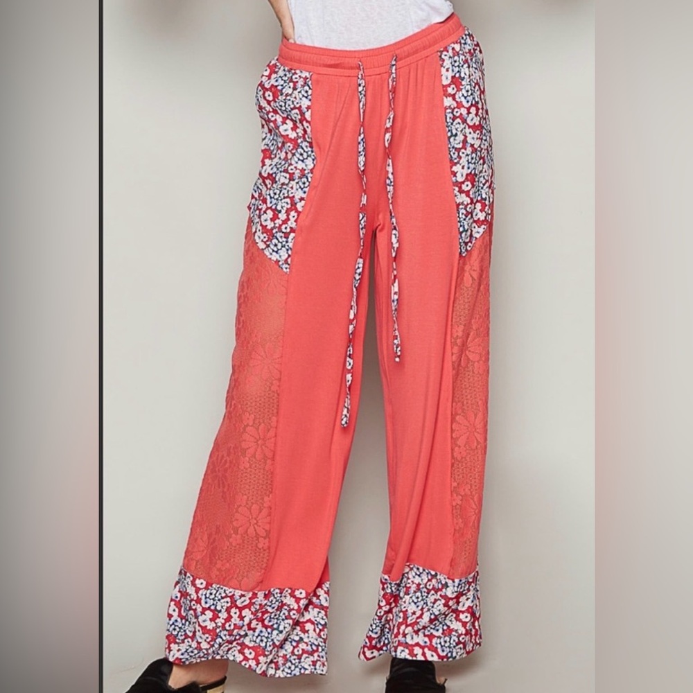 POL Boho Patchwork Wide Leg Pants Lace Panel Drawstring Medium NWOT